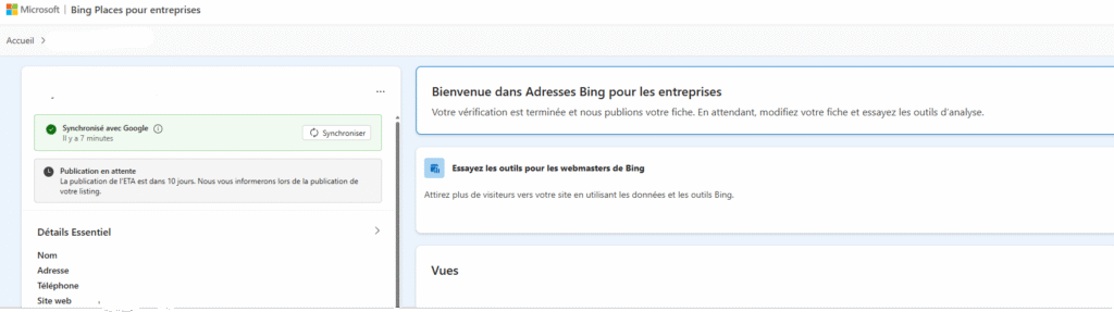 Tableau de bord Bing Places pour entreprises