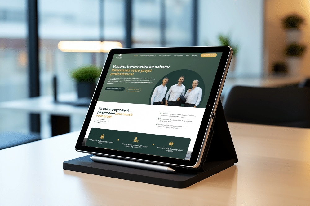 Tablette affichant un site web professionnel sur un bureau