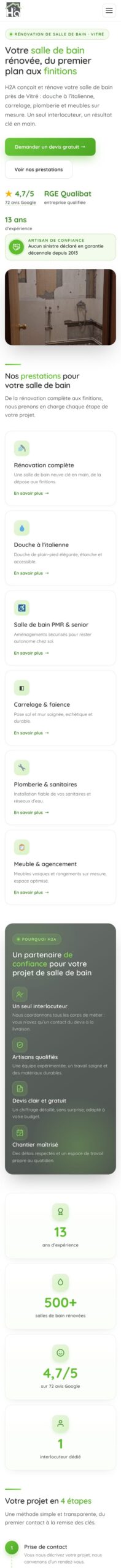 Site H2A Salle de Bain sur mobile, page complète