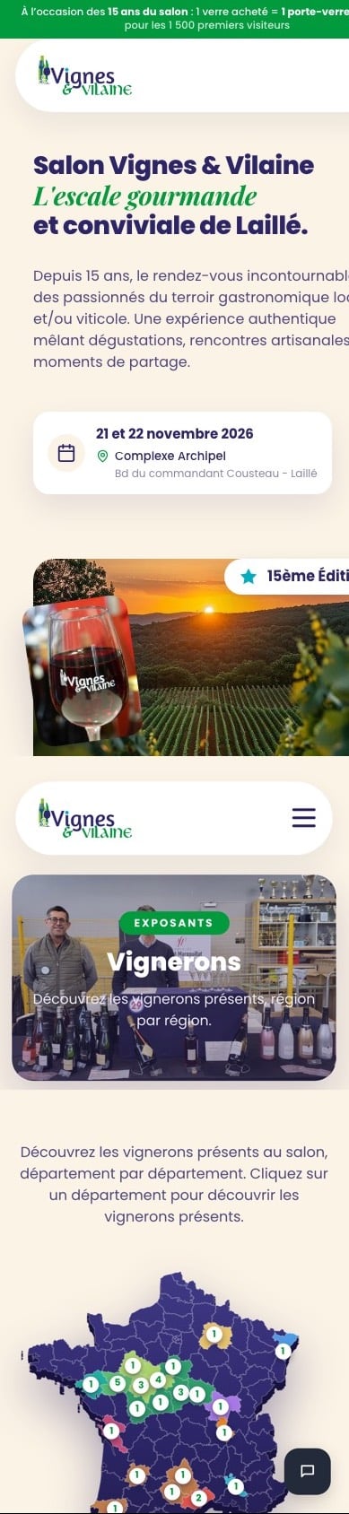 Site Salon Vignes & Vilaine sur mobile, page complète