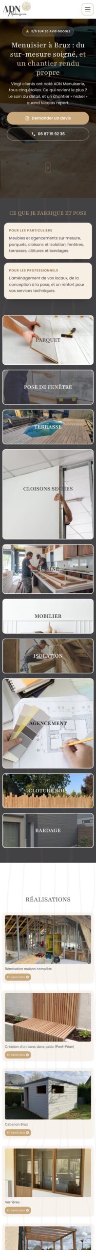 Site ADN Menuiserie sur mobile, page complète