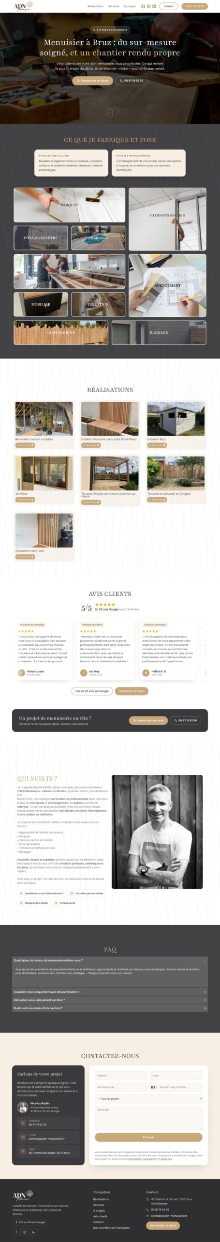 Site ADN Menuiserie sur ordinateur, page complète