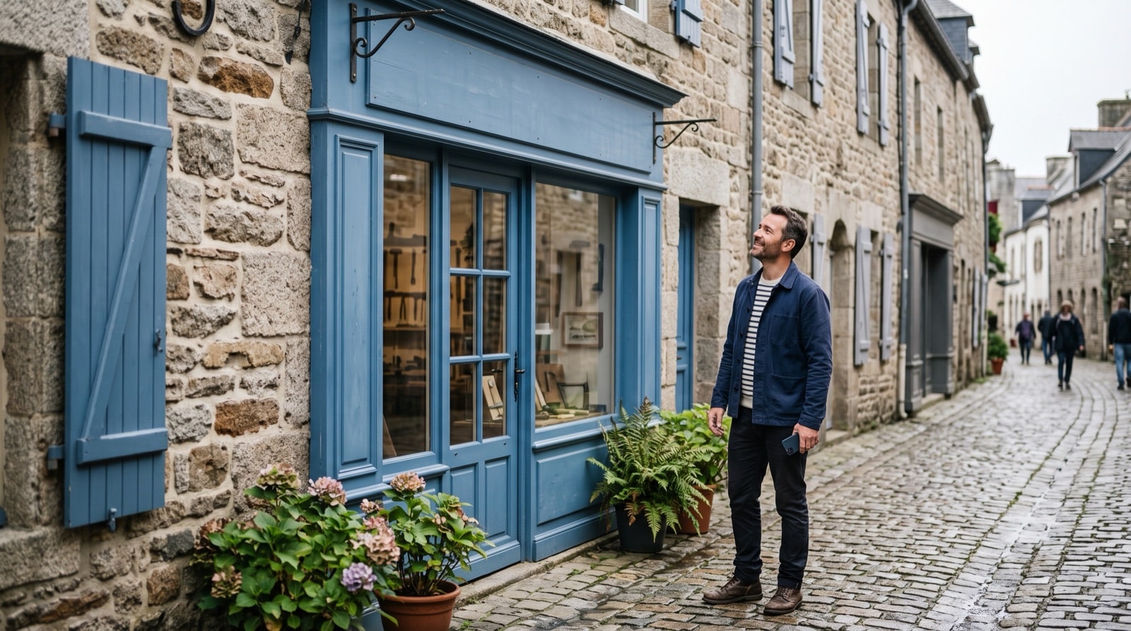 Artisan devant la devanture bleue de son commerce dans une rue pavée bretonne, adresse réelle avec façade identifiable