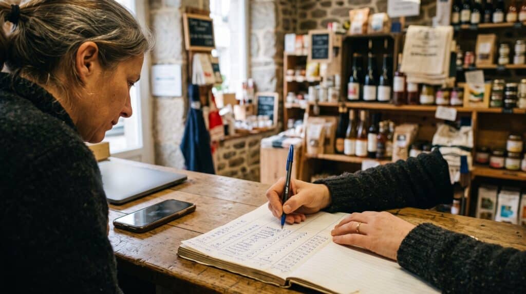 Commerçante bretonne notant à la main dans un carnet les réponses des assistants IA sur son commerce