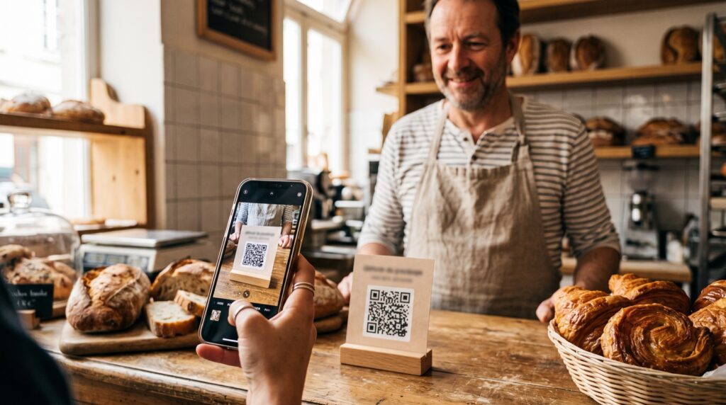 Dans une boulangerie bretonne, une cliente scanne au smartphone le QR code posé sur le comptoir pour laisser un avis Google
