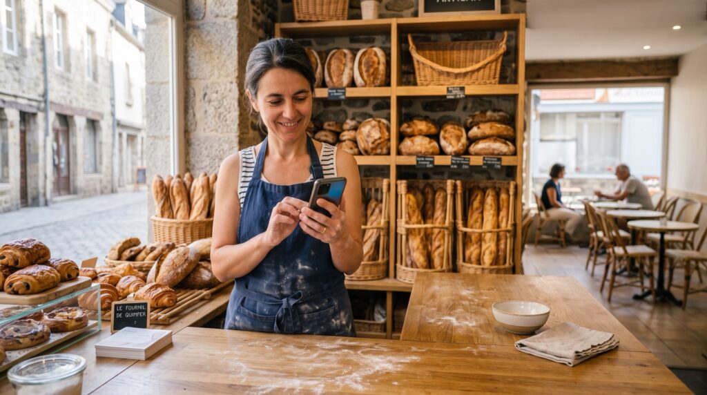 Boulangère dans sa boutique vérifiant la fiche Google My Business de son commerce sur son téléphone